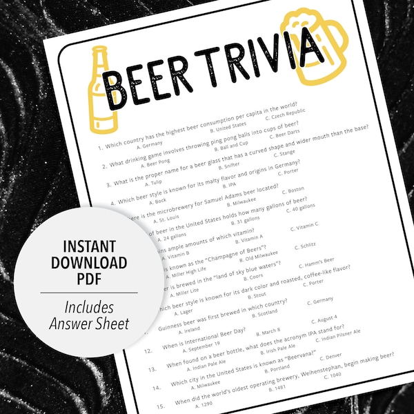 Beer Trivia | Beer Trivia Game | Printable Beer Trivia | Printable Trivia | Beer Themed Trivia | Party Trivia | Pub Trivia | Alcohol Theme