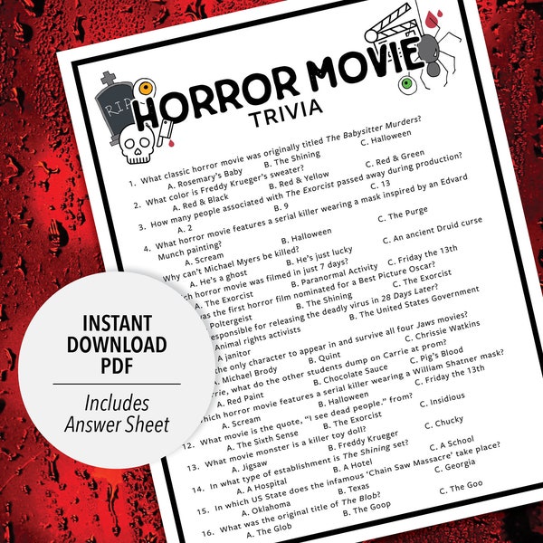 Horror Movie Trivia | Horror Movie Trivia Game | Printable Movie Trivia | Movie Party Trivia Game | Halloween Trivia | Scary Movie Trivia