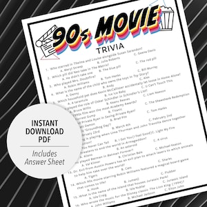 90s Movie Trivia | 90s Movie Trivia Game | Printable Movie Trivia | 1990s Movie Party Trivia Game | Printable Trivia | Decades Movie Trivia