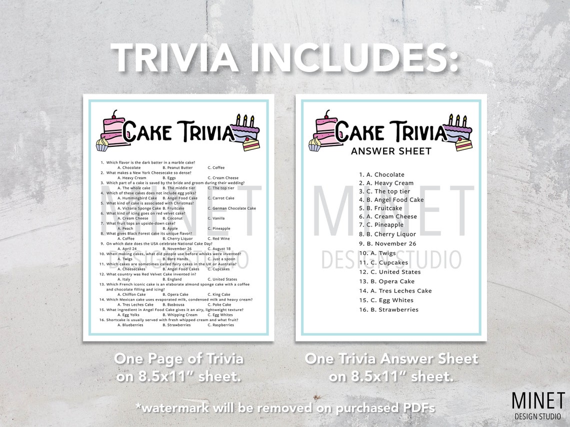 Cake Trivia | Cake Trivia Game | Printable Cake Trivia | Printable ...