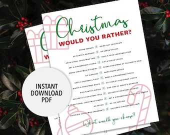 May include: A printable Christmas "Would You Rather?" game in PDF format. The design features a green and pink colour scheme with festive graphics and text. The game includes various holiday-related choices.
