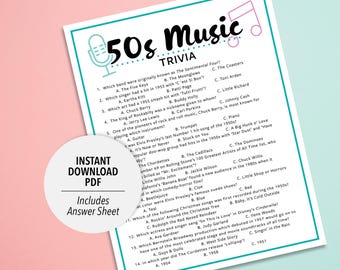 1950s Music Trivia Game | 50s Music Quiz (Printable PDF Download)