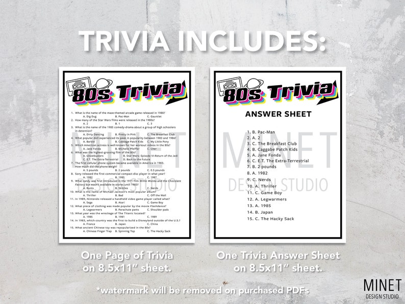 80s Trivia | Printable 80s Trivia | 80's Party Trivia Game | Printable ...