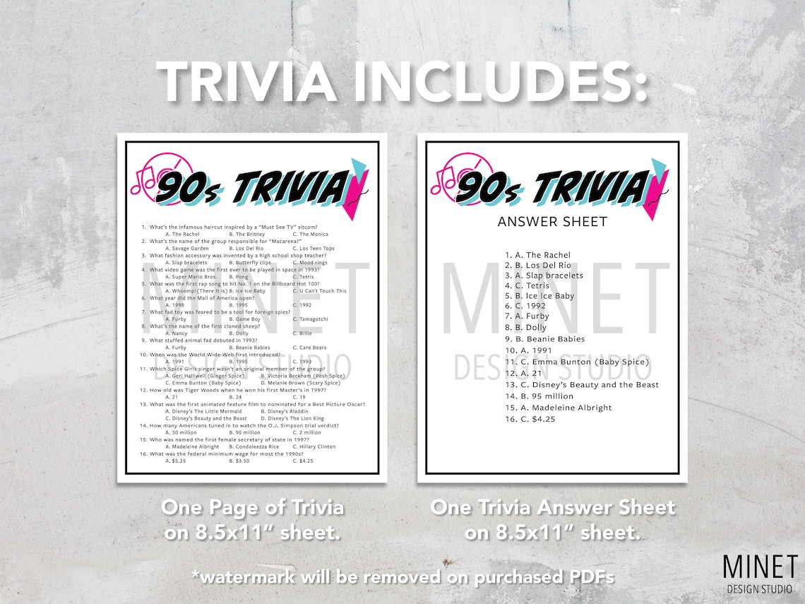 90s Trivia | 1990s Trivia Game | Printable 90s Trivia | 90's Party ...