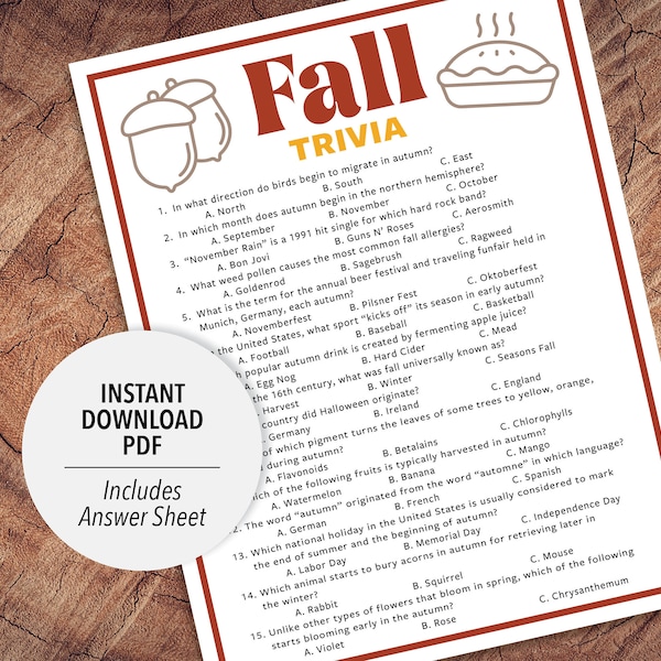 Fall Trivia | Fall Trivia Game | Printable Fall Trivia | Party Trivia Game | Printable Trivia | Holiday Trivia | Autumn Trivia | Fall Theme