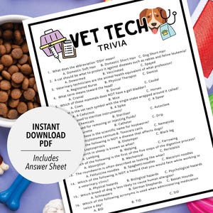 Może przedstawiać: Czarno-biały drukowalny quiz wiedzy dla techników weterynarii. Quiz zawiera 16 pytań z odpowiedziami wielokrotnego wyboru. Tytuł quizu to "Vet Tech Trivia".