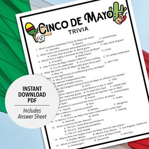 Cinco de Mayo Trivia | Cinco de Mayo Trivia Game | Cinco de Mayo Games | Cinco de Mayo Trivia Printable | Holiday Trivia | May Trivia