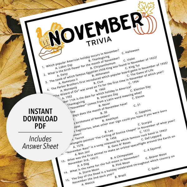 November Trivia | November Trivia Game | Printable November Trivia | Month Trivia Game | Thanksgiving Trivia | Calendar Trivia | Fall Trivia