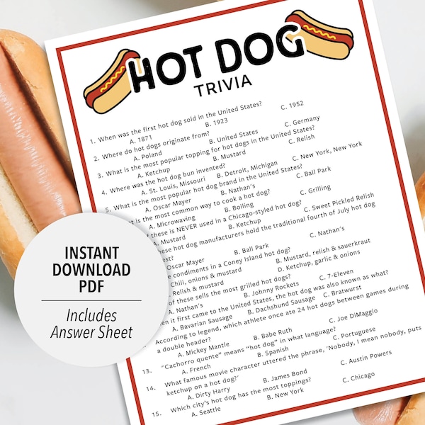 Hot Dog Trivia | Hot Dog Trivia Game | Printable Hot Dog Trivia | Printable Trivia | Food Trivia | Food Themed Trivia | Hot Dog Party Trivia