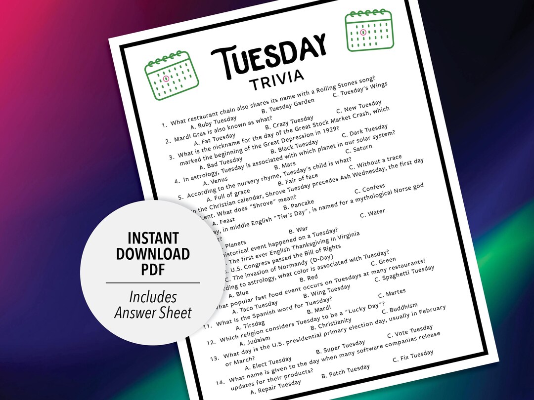 Tuesday Trivia Game | Days of the Week Trivia (printable PDF Download ...