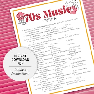 70s Music Trivia | 70s Music Trivia Game | Printable Music Trivia | 1970s Music Party Trivia Game | Printable Trivia | Decades Music Trivia