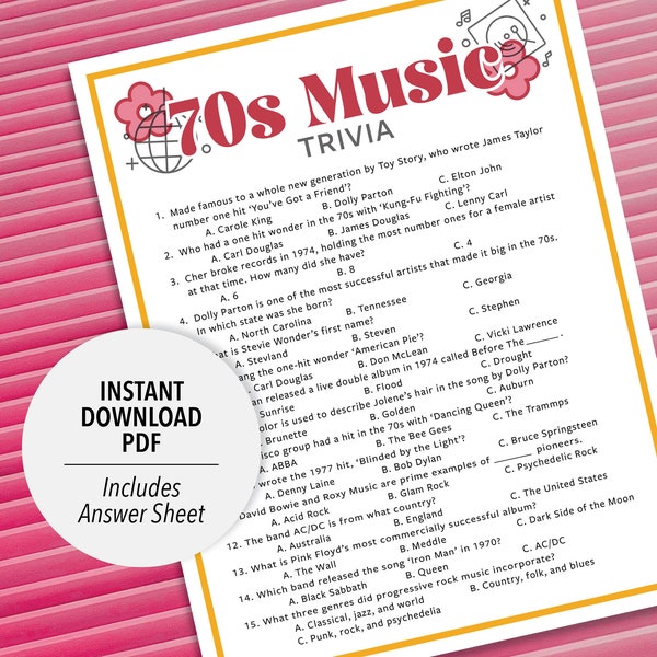 70s Music Trivia | 70s Music Trivia Game | Printable Music Trivia | 1970s Music Party Trivia Game | Printable Trivia | Decades Music Trivia