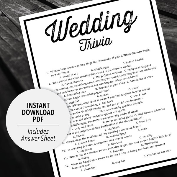 Wedding Trivia Quiz Game | Printable Wedding Trivia | Bridal Shower Trivia | Wedding Table Activity | Wedding Games | Reception Game