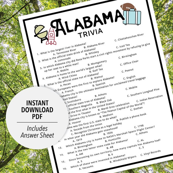 Alabama Trivia | Alabama Trivia Game | Printable Alabama Trivia | State Trivia Game | Printable Trivia | US State Trivia | Country Trivia