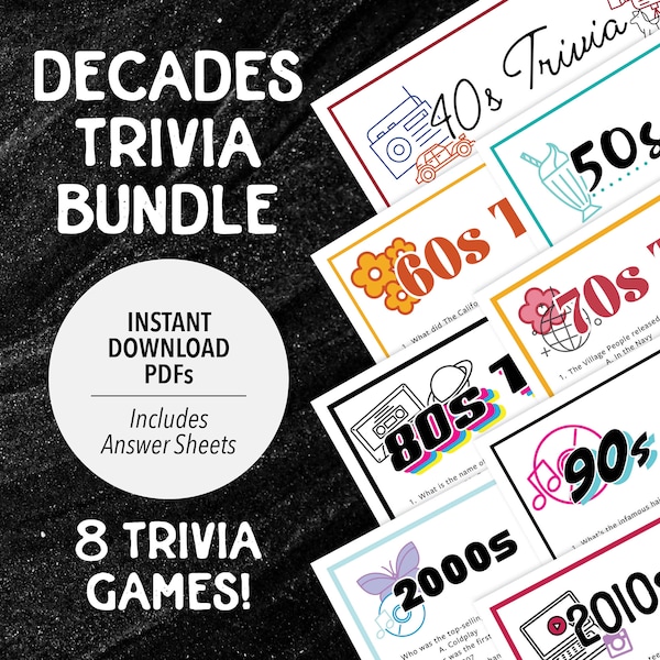 Decades Trivia Bundle | Trivia Bundle | Decades Trivia Game | Printable Decades Trivia | Decades Party 40s 50s 60s 70s 80s 90s 2000s 2010s