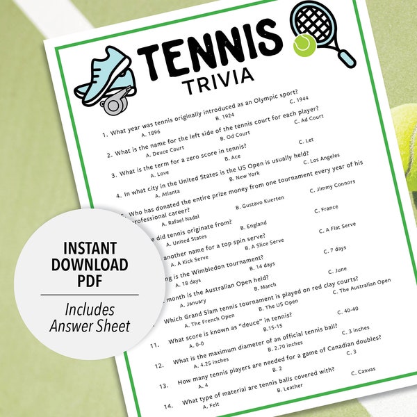 Tennis Trivia | Printable Tennis Trivia Game | Tennis Trivia Game | Sports Trivia | Party Trivia | Group Trivia | Sports Theme | Tennis Game