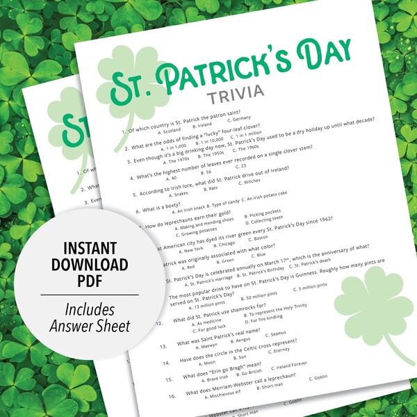 St. Patrick's Day Trivia | St Patricks Day Trivia Game | St Patricks Games | St Patricks Trivia Printable | Holiday Trivia