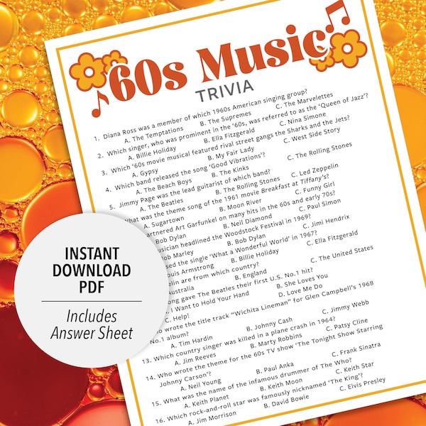 60s Music Trivia | 60s Music Trivia Game | Printable Music Trivia | 1960s Music Party Trivia Game | Printable Trivia | Decades Music Trivia
