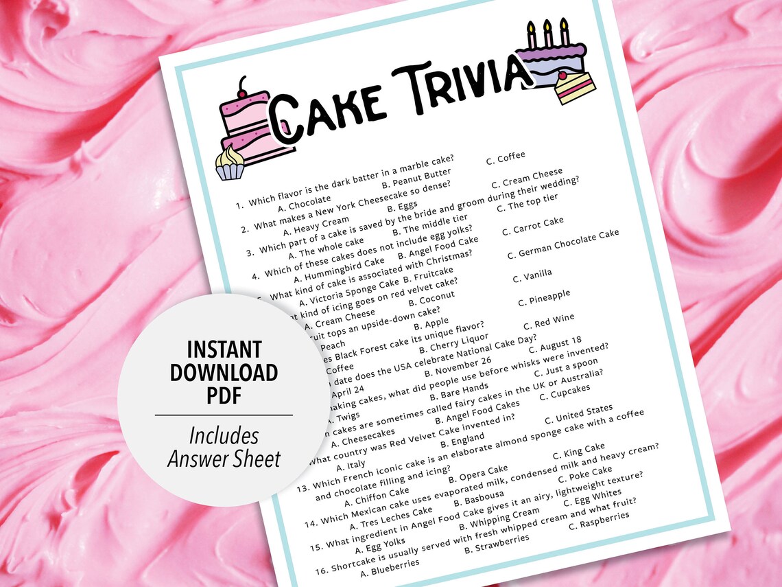 Cake Trivia Cake Trivia Game Printable Cake Trivia Printable Trivia Dessert Trivia Food Trivia