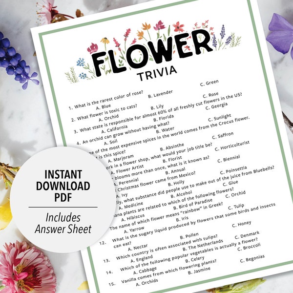 Flower Trivia | Flower Trivia Game | Printable Flower Trivia | Flower Party Trivia Game | Printable Trivia | Flowers Themed Trivia | Floral