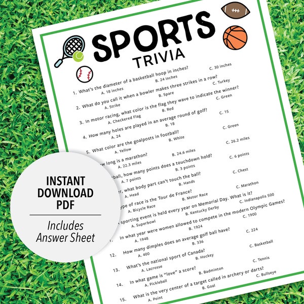 Sports Trivia | Printable Sports Trivia Game | Sports Trivia Game | Sports Theme Trivia | Basketball Baseball Soccer Tennis Football Golf