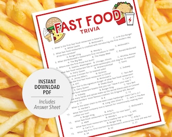 Fast Food Trivia | Fast Food Trivia Game | Printable Fast Food Trivia | Printable Trivia | Food Theme Trivia | Food Trivia | Fast Food Games