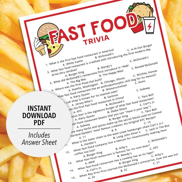 Fast Food Trivia | Fast Food Trivia Game | Printable Fast Food Trivia | Printable Trivia | Food Theme Trivia | Food Trivia | Fast Food Games