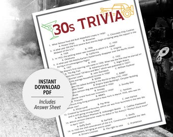 1930s Trivia Game | 30s Quiz (Printable PDF Download)