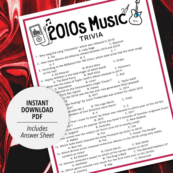 2010s Music Trivia | 2010s Music Trivia Game | Printable Music Trivia | 2010's Music Party Trivia Game | Decades Music Trivia