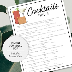 Cocktails Trivia | Cocktail Trivia Game | Printable Cocktails Trivia | Printable Trivia | Cocktail Themed | Party Trivia | Alcohol Trivia