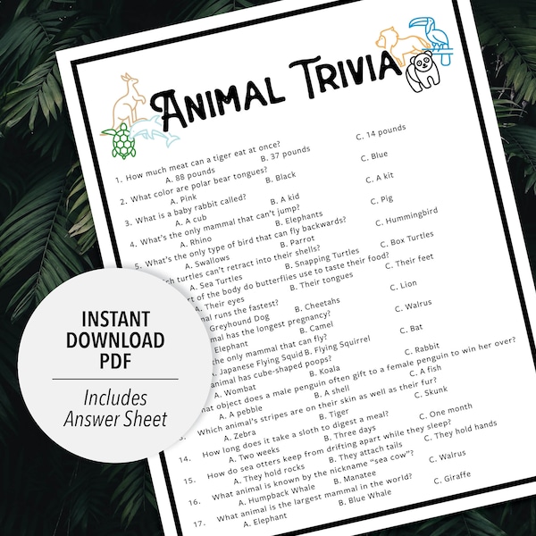 Animal Trivia | Animals Trivia Game | Printable Animal Trivia | Printable Trivia | Zoo Trivia | Animal Themed Games | Animal Games Printable