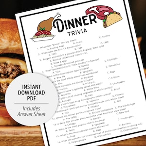 Dinner Trivia | Dinner Trivia Game | Printable Dinner Trivia | Printable Trivia | Food Trivia | Cooking Trivia | Dinner Themed | Meal | Dish