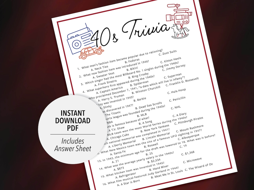 40s Trivia | 1940s Trivia Game | Printable 40s Trivia | 40's Party ...