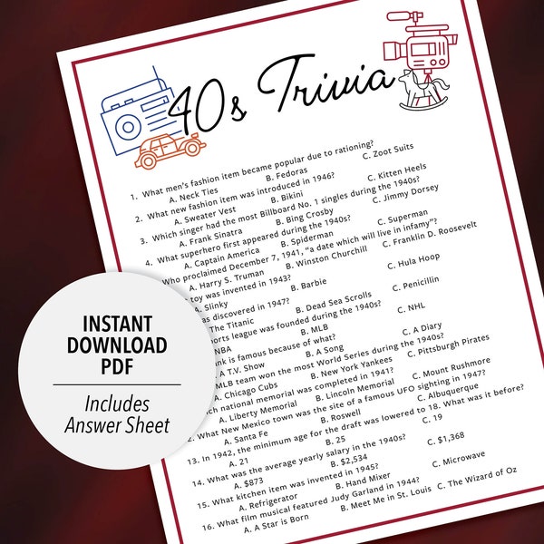 40s Trivia | 1940s Trivia Game | Printable 40s Trivia | 40's Party Trivia Game | Printable Trivia | Decades Trivia | 40s Theme Trivia