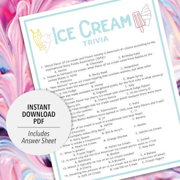 Ice Cream Trivia | Ice Cream Trivia Game | Printable Ice Cream Trivia | Printable Trivia | Dessert Trivia | Food Trivia | Ice Cream Games