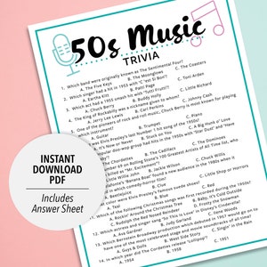 50s Music Trivia | 50s Music Trivia Game | Printable Music Trivia | 1950s Music Party Trivia Game | Printable Trivia | Decades Music Trivia