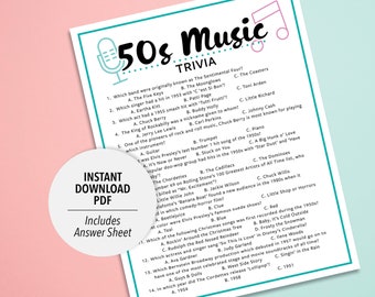 1950s Music Trivia Game | 50s Music Quiz (Printable PDF Download)