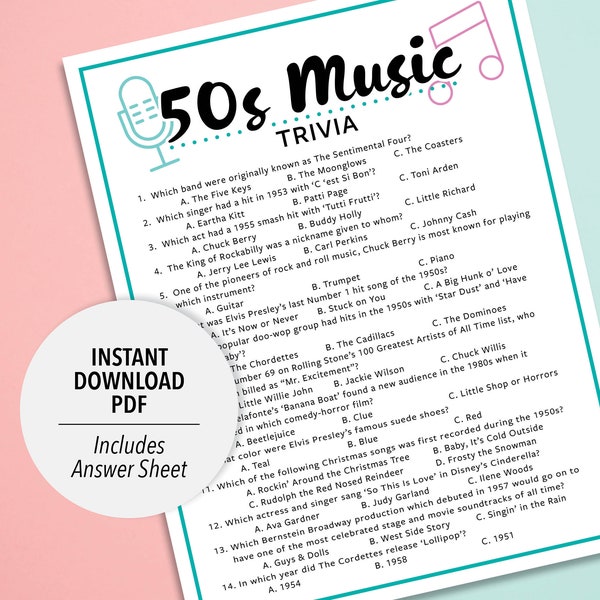 50s Music Trivia | 50s Music Trivia Game | Printable Music Trivia | 1950s Music Party Trivia Game | Printable Trivia | Decades Music Trivia