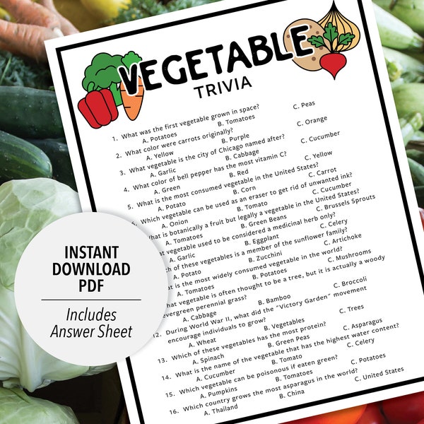 Vegetable Trivia | Vegetable Trivia Game | Printable Trivia | Food Trivia | Plant Trivia | Vegetable Theme Trivia | Fruit and Vegetable