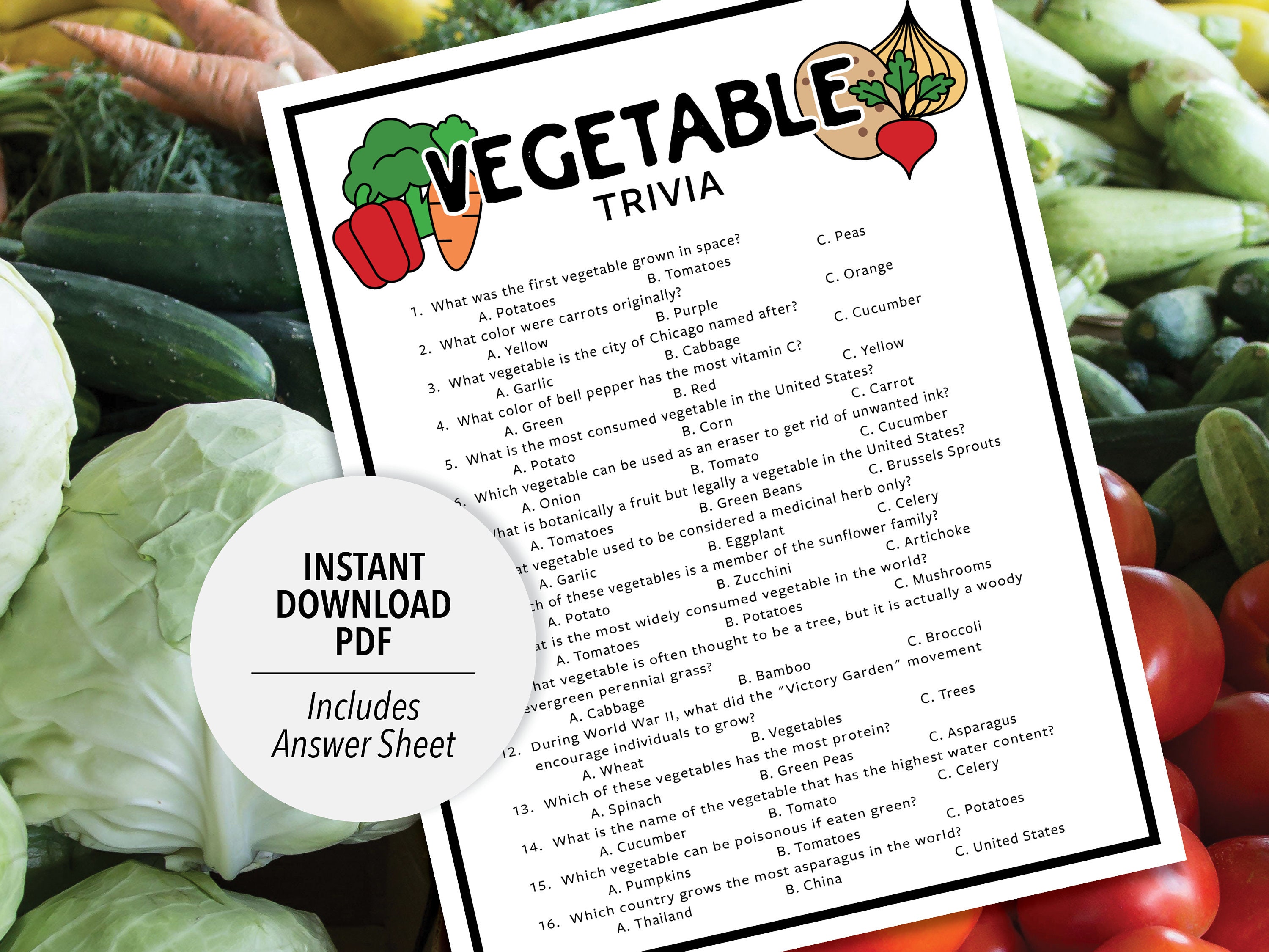 Vegetable Trivia Vegetable Trivia Game Printable Trivia Food Trivia