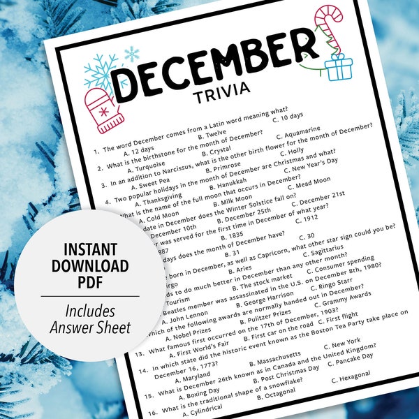 December Trivia | December Trivia Game | Printable December Trivia | Month Trivia Game | Holiday Trivia | Calendar Trivia | Winter Trivia