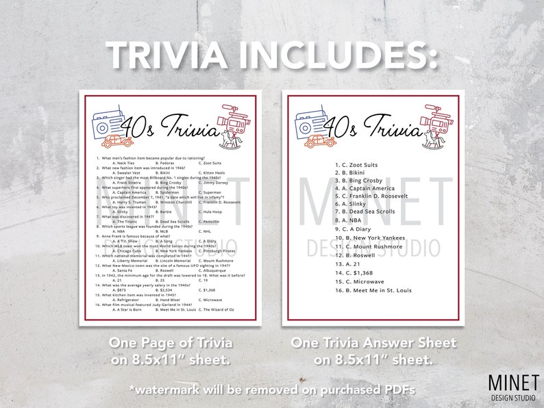 40s Trivia 1940s Trivia Game Printable 40s Trivia 40's Party Trivia ...