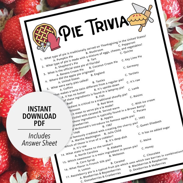 Pie Trivia | Pie Trivia Game | Printable Pie Trivia | Printable Trivia | Dessert Trivia | Food Trivia | Pie Themed Games | Fall Trivia