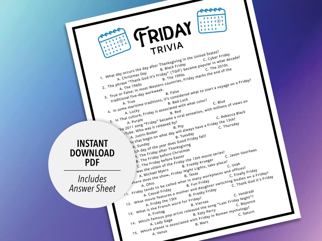 Fun Friday Trivia Friday Trivia Game | Days of the Week Trivia (printable PDF Download ...