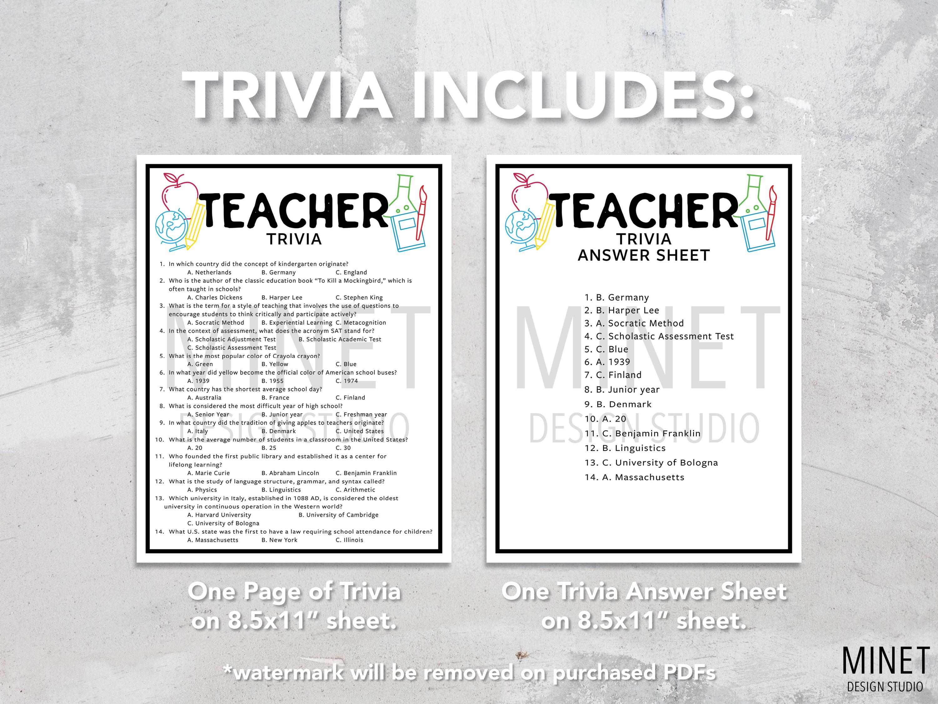 Teacher Trivia Game | Teacher Quiz (printable PDF Download) - Etsy