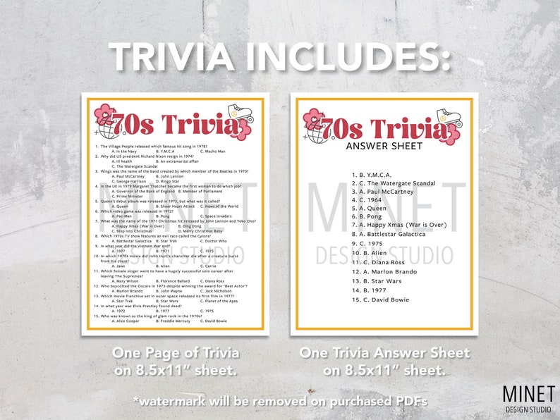 70s Trivia | 1970s Trivia Game | Printable 70s Trivia | 70's Party ...