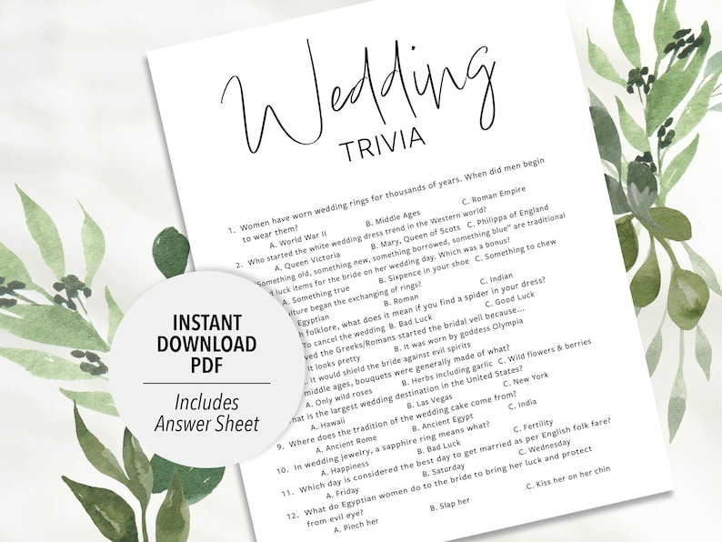 Wedding Trivia Quiz Game Printable Wedding Trivia Bridal Shower Game Wedding Activity Printable Wedding Reception Bridal Trivia image 1