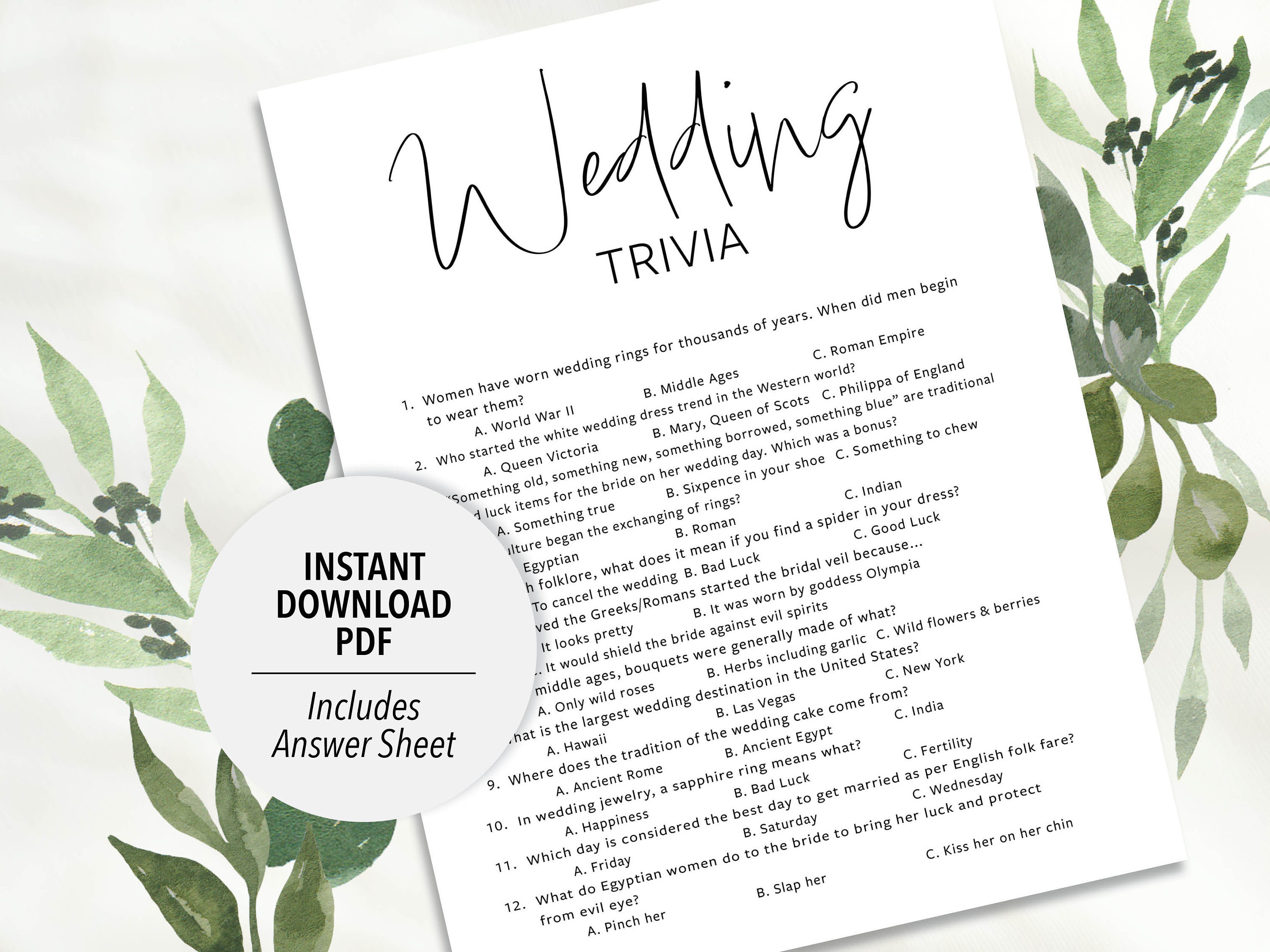 Wedding Trivia Quiz Game Printable Wedding Trivia Bridal Shower Game
