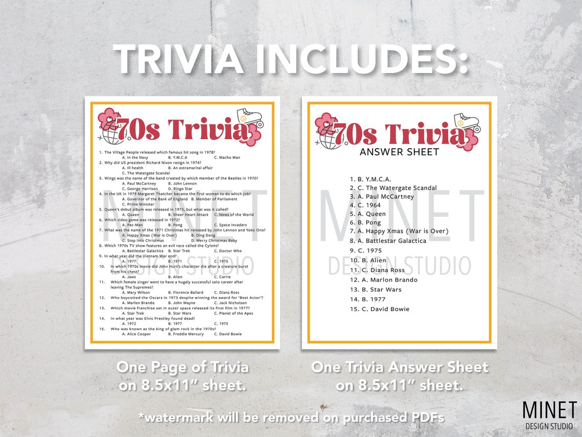 70s Trivia 1970s Trivia Game Printable 70s Trivia Etsy
