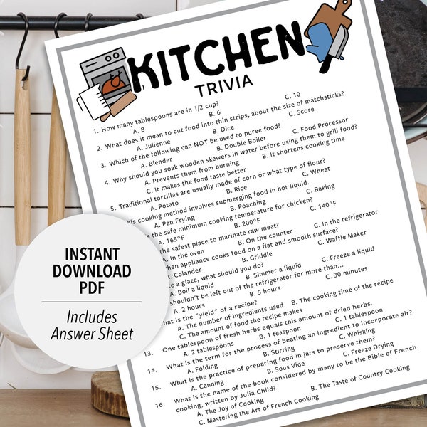 Kitchen Trivia | Kitchen Trivia Game | Printable Kitchen Trivia | Printable Trivia | Food Trivia | Cooking Trivia | Kitchen Themed Games